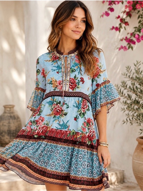 Alice + Olivia Dresses & Skirts - Alice + Olivia Floral Tie-Neck Tunic in Light Blue, Coral and Brown